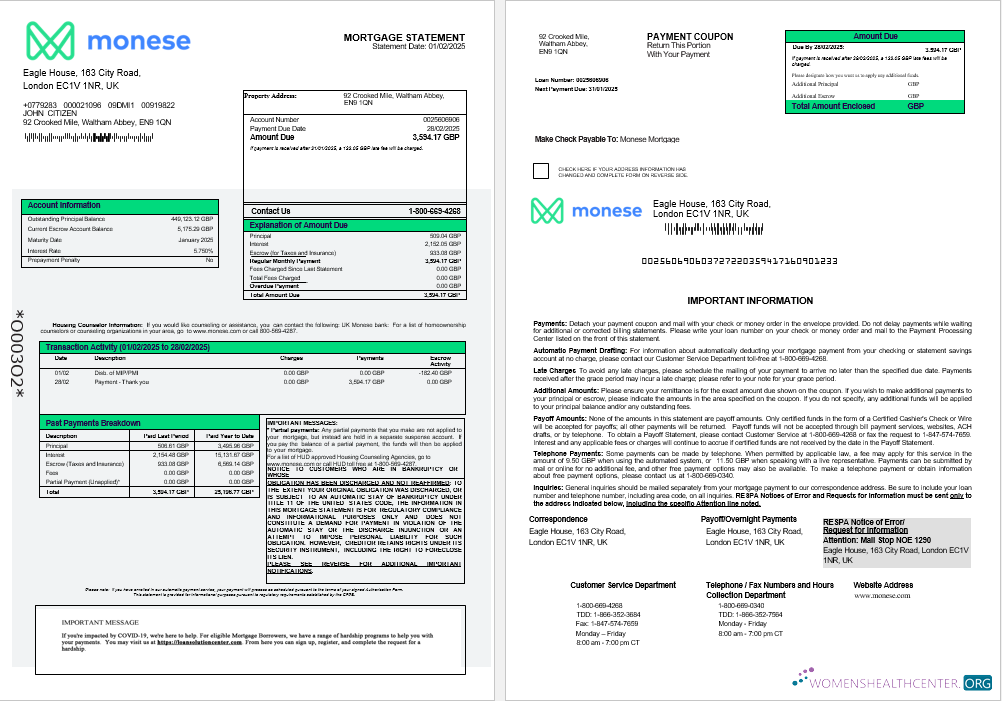 Download United Kingdom Monese bank mortgage statement in Word and PDF formats 1 2 Photoshop template